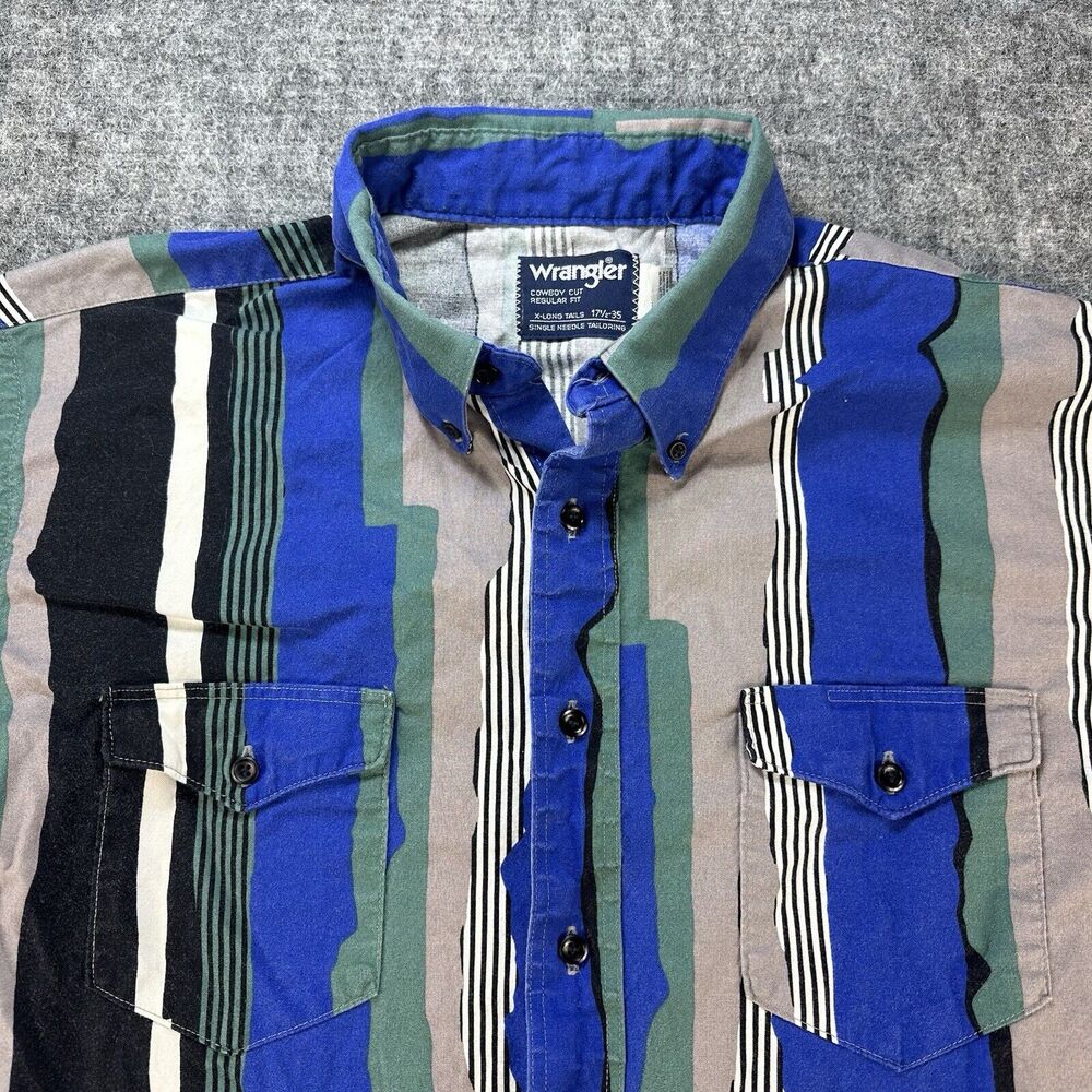 Vintage Wrangler Shirt Men XL 17.5x35 Blue Green Stripe Cowboy Rodeo Western